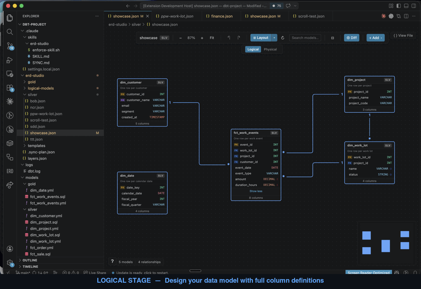 ERD Studio in action — designing a data warehouse on a canvas inside VS Code